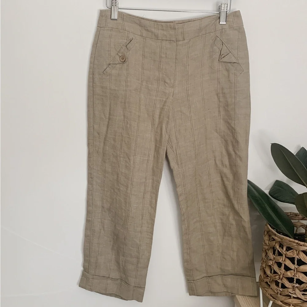 Mango‎ Cropped 100% Linen Pinstripes Mid Rise Pants.Sz 4